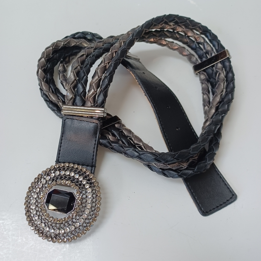 Chicos Belt Black Gray Woven with Large Rhinestone‎ Buckle Womens Medium